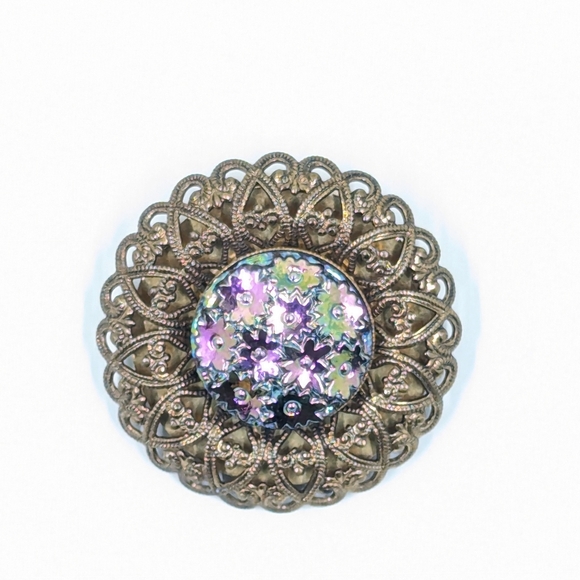 Accessories - Vintage Western Germany Scarf Clip w/ Iridescent Flower Beads Encased Filigree